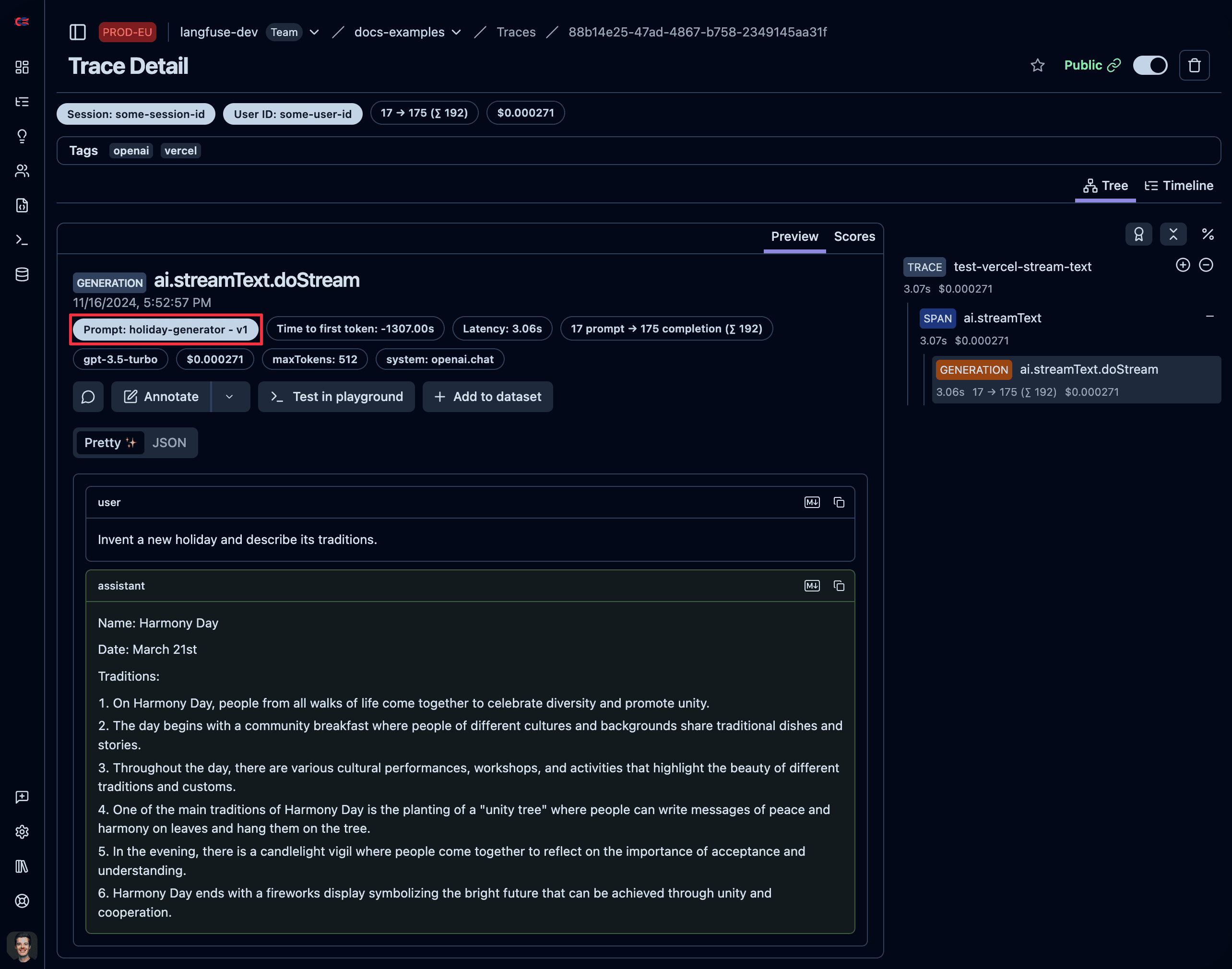 Langfuse Vercel AI SDK trace linked to a prompt
version